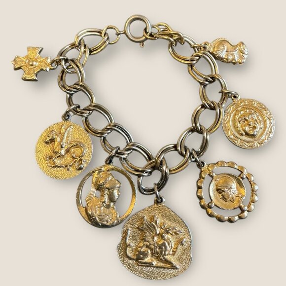 Vintage Gold-Tone Charm Bracelet With Coin & Medallion Designs 7 Inch Length - Picture 2 of 3